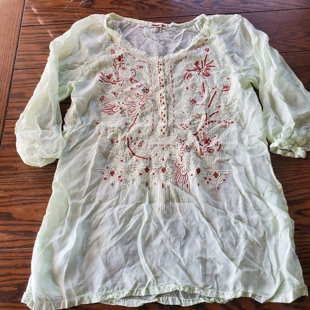 Johnny Was pale green&red embroidered blouse size
